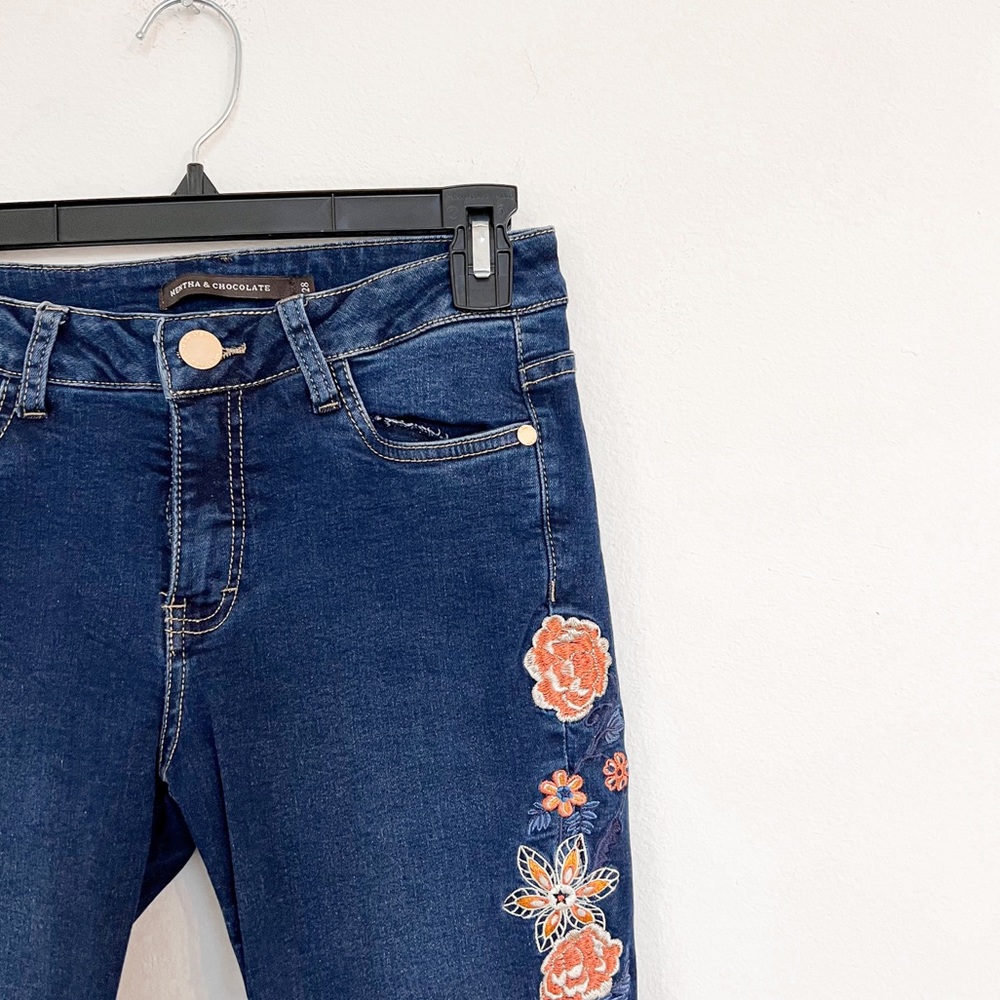 Mentha & Chocolate Floral Embroidered Dark Wash Skinny Jeans Size 28